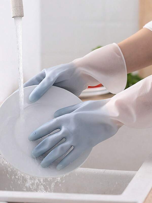 1 pieza Guantes transparentes de lavado de platos de dos colores, guantes domésticos impermeables de goma látex para mujeres, limpieza de cocina