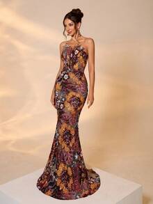 Luxury Embroidered Bead Decor Elegant Women Long Dress, Halter Backless Design - Multicolor - View 5