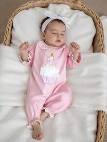 Baby Girls Birthday Romper Cake Embroidery Long Sleeve Ruffled Round Neck Full Length Jumpsuit - Pink - View 1