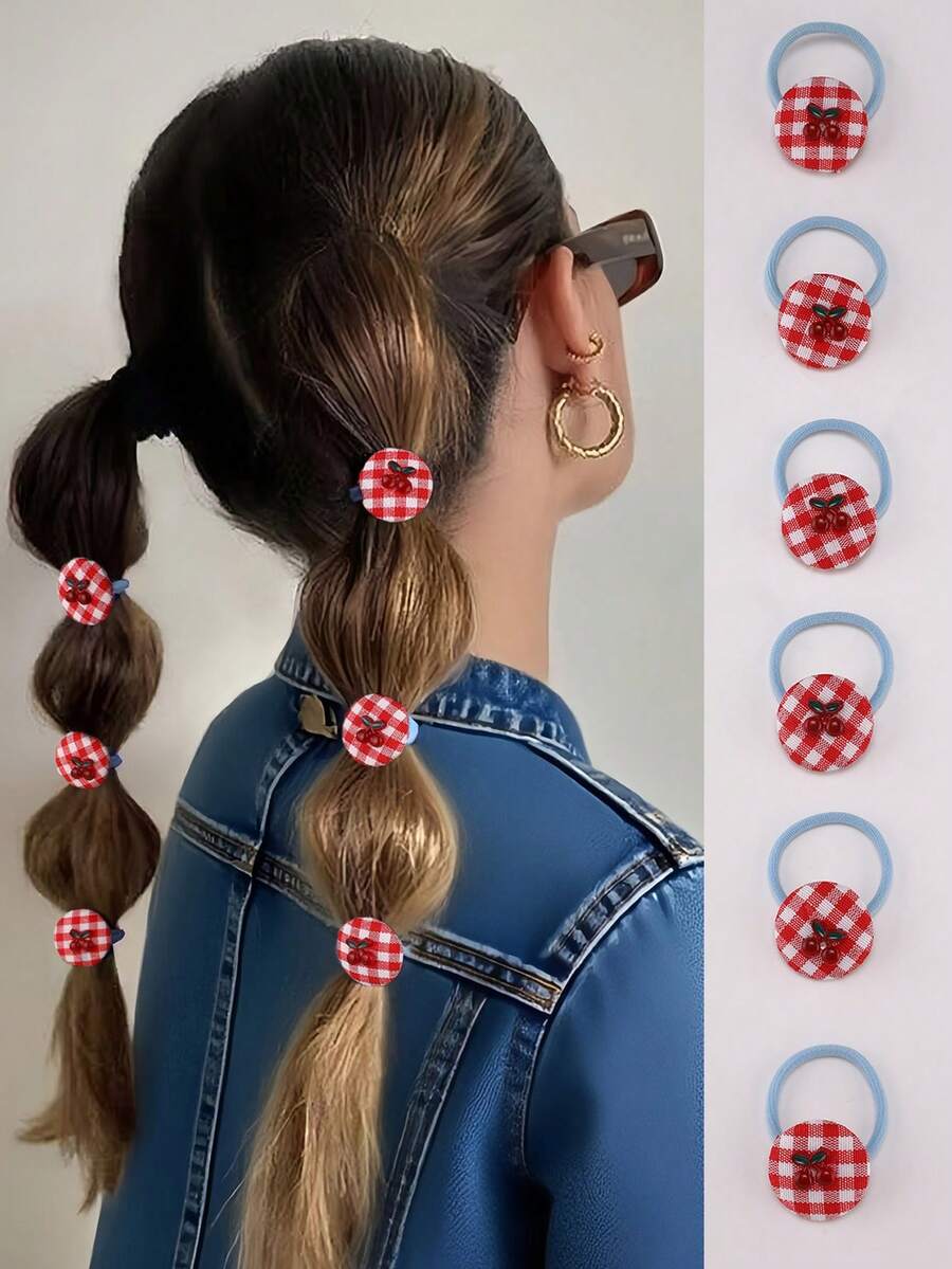 3pcs/6pcs Women's Simple & Cute Solid Color, Plaid, Fruit, Cherry, Bow Hair Scrunchies, Versatile Accessories For Daily Wear ,Elastic Hair Ties ,Ponytail Holders ,Hair Elastics ,Hair Rubber Bands ,Hair Rope - Multicolor - View 1
