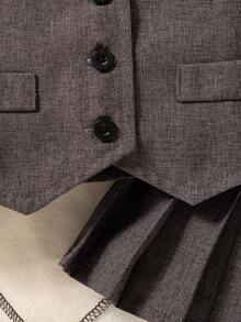 3pcs Baby GirlAutumn/Winter Outfit Set: White Shirt Blouse, Grey Vest Jacket, Pleated Skirt - Grey - View 5