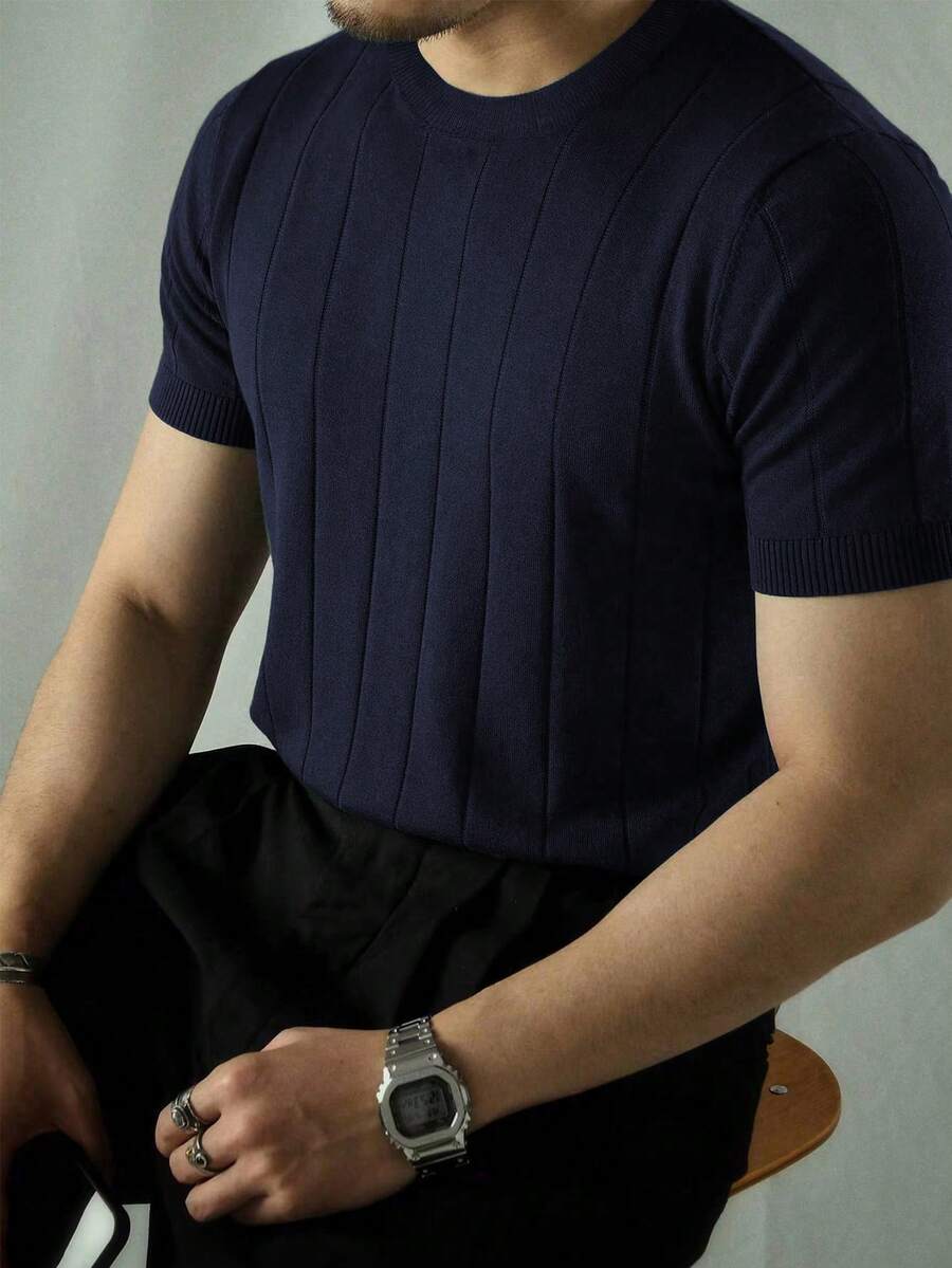 男士百搭短袖休闲针织上衣 - 藏蓝色 - 查看 1