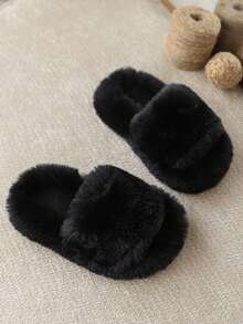 Fashionable & Simple Girls' Plush Slippers, Solid Color, Minimalist Design, Warm Fuzzy Winter House Shoes - Black - View 6