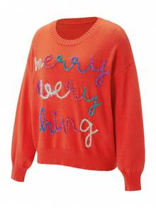 Women's Christmas Ribbed Sweaters Contrast Color Letter Long Sleeve Round Neck Knitted Tops - Red - View 10