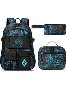 Glow In The Dark Backpack For School Boys, 3 PCS Cool Luminous Kids Backpacks With Lunch Box & Pencil Pouch, Toddler Backpack Bookbag Schoolbag Set For Elementary To High School Students, Back To School Gift For Son, Grandson, Nephew, Brother, Friend - Basketball - 查看 1