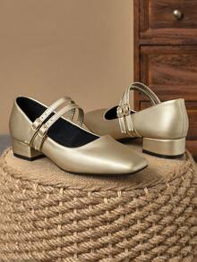 MonaNise 女士3厘米布面包跟黑色时尚百搭玛丽珍低跟粗跟优雅平底鞋，另有藏蓝色、咖啡色、酒红色可选 - 金色 - 查看 3