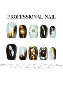 10 件手工按压指甲 3D 花卉装饰，棕金色金属光泽，宝石般的纹理与复古奢华风格，短棺材假指甲适合晚会、返校舞会和华丽场合，丙烯酸指甲艺术与果冻胶和指甲锉指甲用品指甲