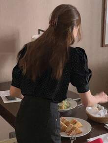 春夏休閒波點印花花瓣袖女上衣 - 黑色 - 查看 3