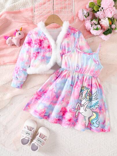 Girls Star & Unicorn Print Furry Trim Long Sleeve Jacket And Overall Dress Set, Casual Style, Suitable For 4-7 Years Old, Autumn/Winter