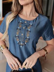 Women's Evangelical Dress Elegant Short Sleeve Jeans  Lyocell Embroidery - màu xanh đậm - Xem 3