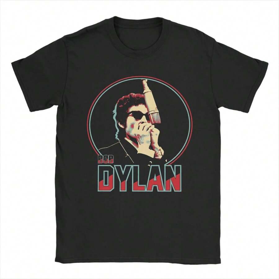 Bob Dylan 100 Cotton T Shirt For Men Summer Pop Art Streetwear T-Shirts O Neck Popular Tees Oversized Design Tops - 黑色 - 查看 1