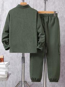 Tween BoySpring/Autumn Corduroy Long Sleeve Shirt With Pockets & Casual Pants Gentleman Suit Set - Green - View 2
