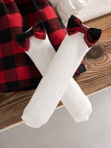 秋冬女婴套装：可爱彼得潘领衬衫、红色格子背带裙、蝴蝶结袜子、头带 - 紅色 - 查看 3