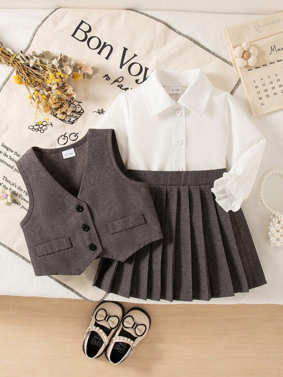 3pcs Baby GirlAutumn/Winter Outfit Set: White Shirt Blouse, Grey Vest Jacket, Pleated Skirt - Grey - View 1
