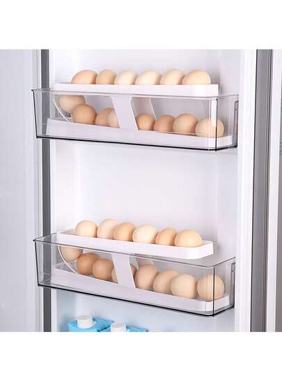 1PC双层鸡蛋收纳盒 冰箱内门自动滚轮式鸡蛋收纳架 家用厨房台面防掉落鸡蛋收纳架 自动补料保鲜盒 收纳整理工具 厨房小工具