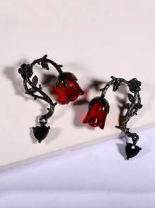 1 对哥特式荆棘藤蔓和红玫瑰花朵耳环，适合女士，万圣节 - 紅黑色 - 查看 4