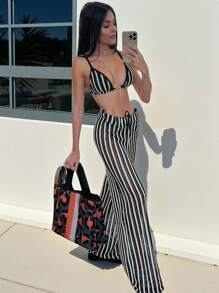 3pcs Women Crochet Bikini Set, Pants Beach Cover Up, European Style Swimwear, Suitable For Women Summer Vacation, Easter, Festivals, Outings, Date Nights, All Women Clothing, Autumn