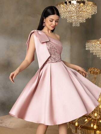 Alisa&Leo 少女缎面单肩毕业礼服，带亮片紧身胸衣和蝴蝶结细节 - A 字裙，适合学校正式活动、舞会和夏季庆典