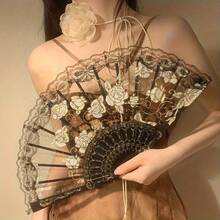 Elegant Lace Rose Folding Fan - Classic Chinese Style Handheld Fan With Floral Patterns, Black And White Rose Options, Compact 9.5-Inch Design Suitable For Dance, Performance Or Decoration - màu đen - Xem 5