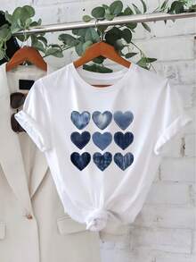 2026 Spring Summer New Women's Casual Summer T-Shirt With Round Neck And Heart Print, Cool Short Sleeve - 白色 - 查看 1