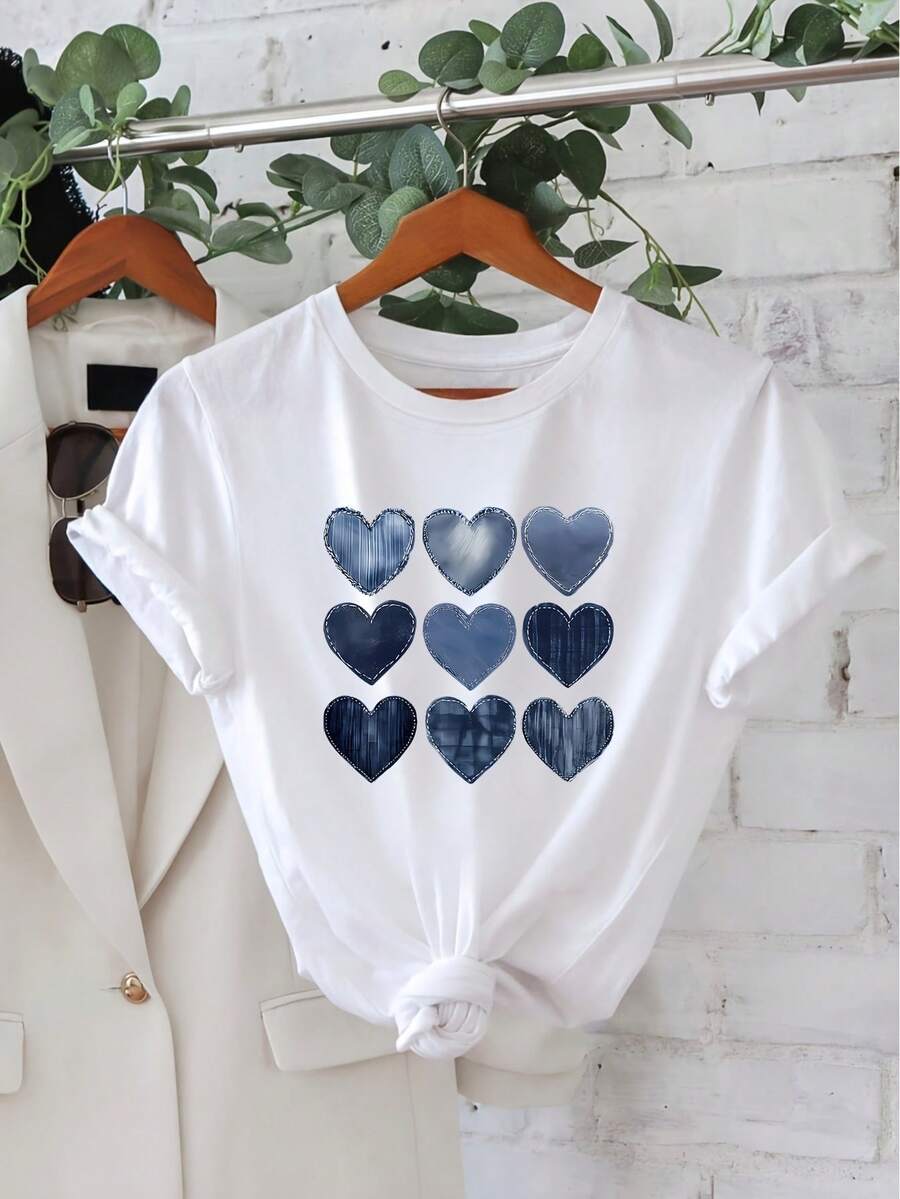 2026 Spring Summer New Women's Casual Summer T-Shirt With Round Neck And Heart Print, Cool Short Sleeve - 白色 - 查看 1