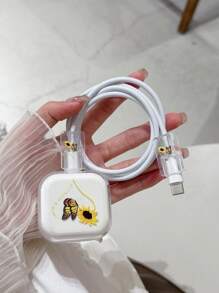 3 件套数据线充电器保护壳，TPU 软壳，带 UC 彩色蝴蝶、向日葵、心形图案，适合返校使用，英国插头 20W 快速充电器兼容 Apple 设备 Nan 数据线保护器充电器配件手机配件