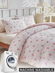 2/3pcs Pink Bow Pattern Print Polyester Duvet Cover Set, Reversible Cute Soft Breathable Kids Girls Bedding Set For Bedroom Dorms All Seasons Use, Back To School Comforter Cover Set, Zipper Closure, Machine Washable (1 Duvet Cover+ 1/2 Pillowcases) - Multicolor - View 5