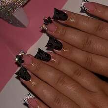 M24Pcs Black Duck Pr On Nails Short French Tip Fake Nails With 3D Rhinestones Design Cute Bow False Nails Diamond Glue On Nails Pink Acrylic Nails Handmade Nails Pr Ons For Women Manicure Kits8001 - màu đen - Xem 3