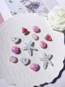 12 pièces Mignon (étoile de mer pailletée, coquillage rose, pastèque, cœur ondulé) Clips de chaussures, décorations DIY, accessoires de chaussures multifonctionnels pour sandales, pantoufles et sacs de plage des femmes - cadeaux parfaits pour les fêtes et les occasions spéciales