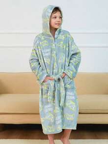 青少年男孩全身游戏机印花拼布口袋系带连帽长袍 - 彩色 - 查看 3