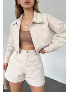 Casual Solid Color Pocket Zip Up Cropped Denim Jacket - Beige - View 2