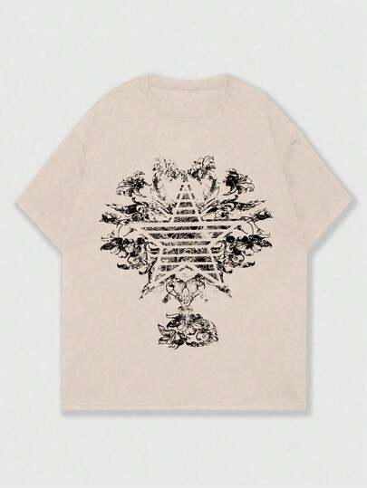 ROMWE HOMBRE Camiseta Grunge Punk con Estampado de Estrellas y Flores, Estilo de Escuela de los Años 2000 Tallas S-3XL