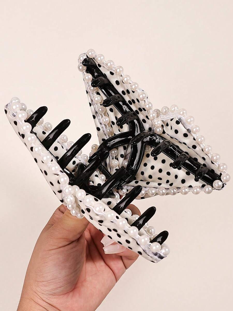 发夹 1 件高端波尔卡圆点和仿珍珠发夹装饰，大号，适合女士发饰优雅爪夹，学校用品，大学