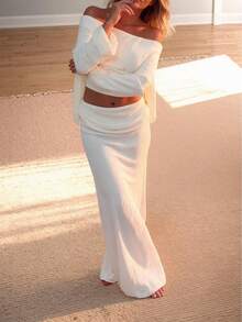 Women's White Textured Off - Shoulder Long Sleeve Cropped Top & High - Waist Flowy Maxi Skirt Set, Classy Elegant Outfit For Daily/Date/Vacation/Wedding Guest/Casual Looks, Fashion Matching Sets For Women - 白色 - 查看 6