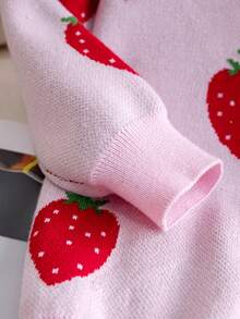 女童可爱草莓图案开衫毛衣，解扣中长款针织外套，适合日常、度假、春季、秋季、冬季 - 粉色 - 查看 6