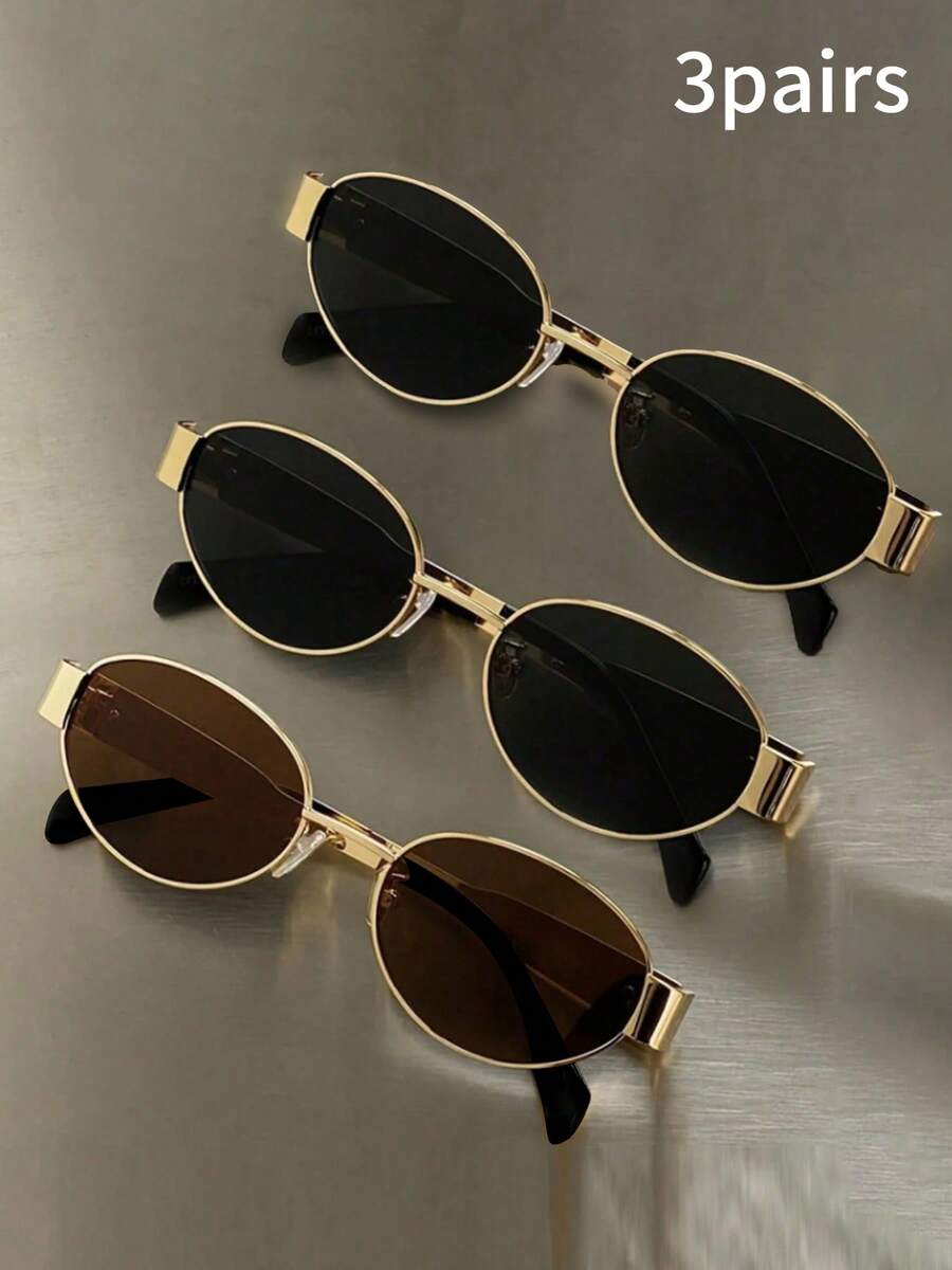 3pcs Metal Frame Oval Retro Fashion Glasses, Fashionable Design For Women Beach Accessories, Classic Style, Suitable For Outdoor Travel, Beach Vacation, Casual Wear, Driving Glasses, Summer Fashion, Sunshade, Elegant Decoration, Family Travel, Vacation, Summer Beach Vacation, Outdoor Travel - 彩色 - 查看 1