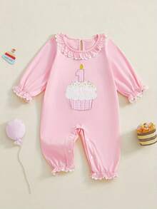 Baby Girls Birthday Romper Cake Embroidery Long Sleeve Ruffled Round Neck Full Length Jumpsuit - Pink - View 6