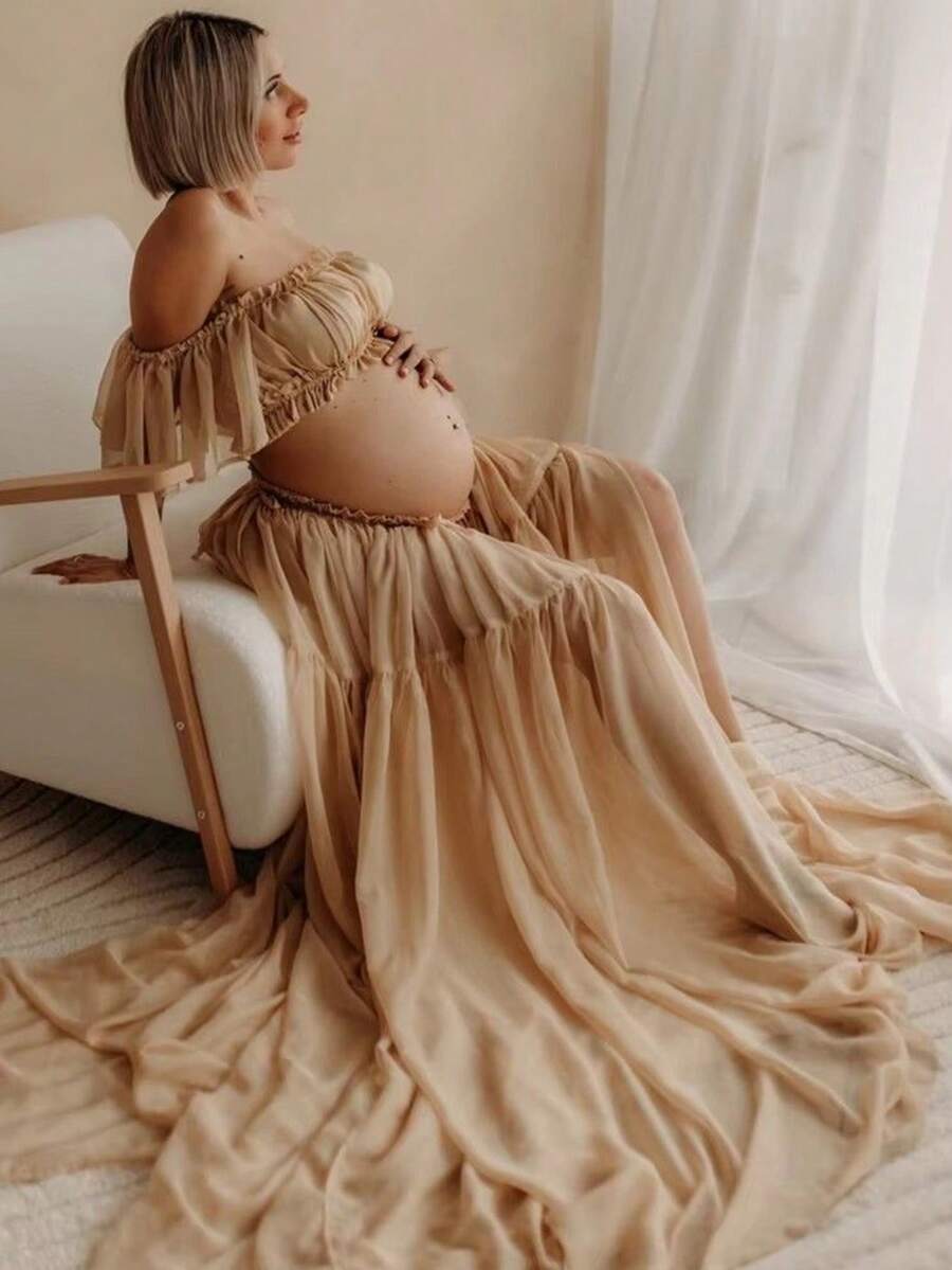 Maternity Solid Color Ruffle Trim Off Shoulder Maxi Dress (YY883) - Khaki - View 1