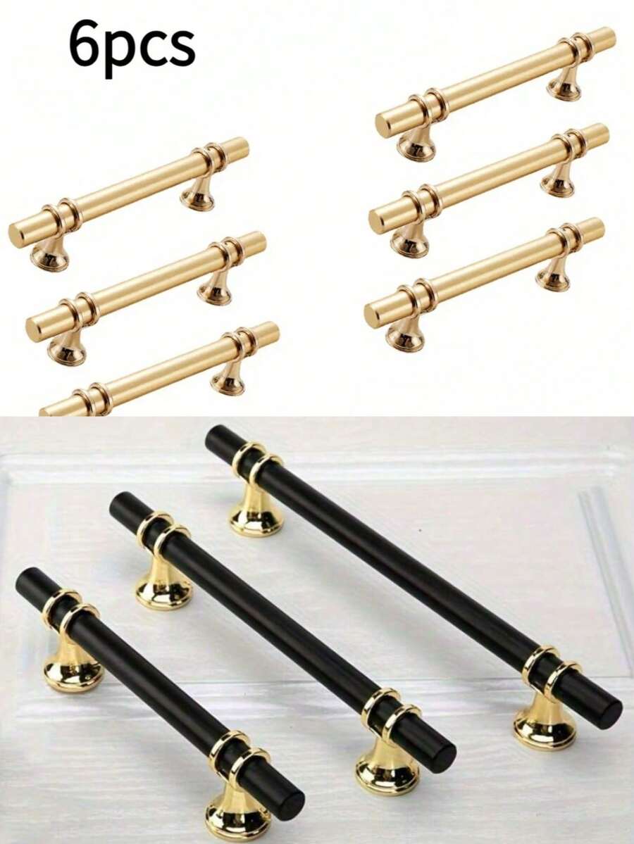 6件装铝合金黑金门把手衣柜厨柜抽屉实心拉手家具把手欧式现代五金 - 金色 - 查看 1