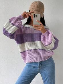 1 buah Sweater Pullover Tebal Kasual untuk Anak Perempuan, Atasan Rajut Bergaris Ungu yang Nyaman & Lembut, Musim Gugur/Dingin - Purple - View 2