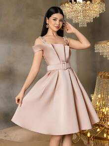 Alisa&Leo Teen Girls' Midi Graduation Dress - Asymmetrical Design With Glittering Sequin Bodice, Satin-Like Skirt & Adjustable Waist Belt For Graduation Proms, Wedding Guest Outfits, High-End Galas & School Formal Events - 淺粉色 - 查看 8