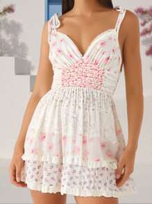 Women Floral Tie Shoulder Dress Slim V Neck Spaghetti Strap Backless A-Line Mini Layered Ruffle Dress For Daily Outdoor - 粉色 - 查看 6