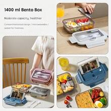 1400ml Microwave Bento Box, 3-Compartment, With Utensils, Suitable For Picnic, Work, School, Camping And Fitness - Multicolor - View 5