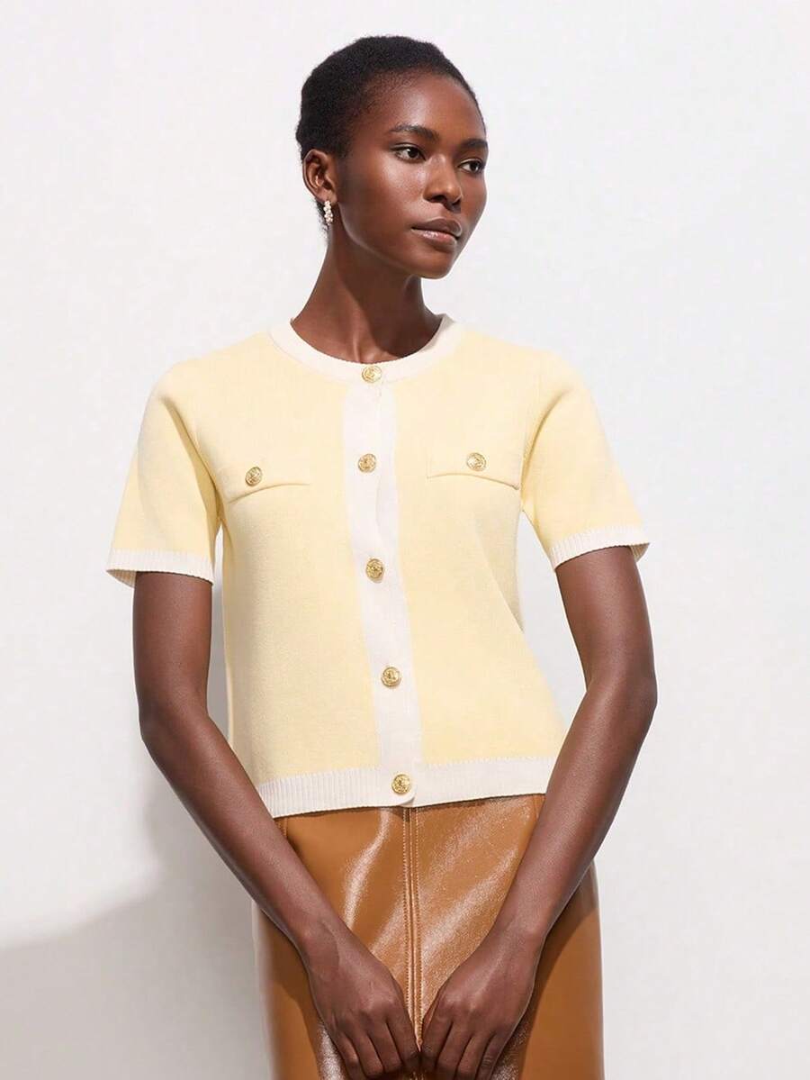 Button Contrast Trim Casual Short Sleeve Knit Cardigan, Summer - Yellow - View 1