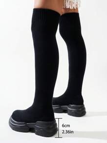 女式黑色厚底过膝长靴、复古针织弹力袜靴、高跟防水台长筒袜靴、圆头套穿切尔西靴、时尚派对马靴
