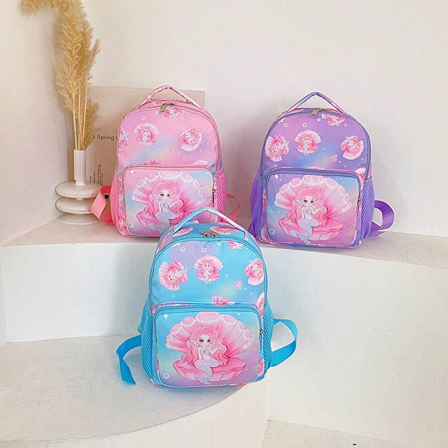 Cute Cartoon Mermaid Pattern Zipper Backpack, For Kindergarten Kids - A - View 1