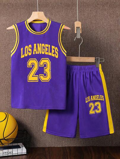 2pcs Boys Teenager Gold "LOS ANGELES" No.23 Letter Print Breathable Quick Dry Basketball Jersey And Sports Pants Set, Spring/Summer