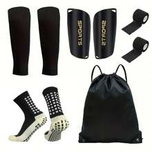 6 件套足球运动装备套装，包括硅胶抓地力足球袜、护腿板、防护装备、抽绳背包、护腿带和运动胶带 - 涤纶和氨纶针织袜，纯色，可手洗和机洗，是送给热爱足球和户外运动的家人和朋友的理想圣诞礼物