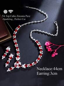 1 Set Elegant Silver Plated Cubic Zirconia Red Oval Leaf Tennis Earrings & Necklace CZ Jewelry Set For Brides, Engagement, Banquet, Party, Women, Ladies, Bridesmaids, Girlfriends, Mother Gift