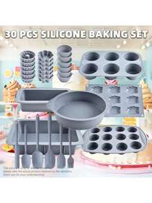 30-Piece Ultimate Baking Set - Includes 18 Mini Muffin Cups, 12-Cavity Muffin Pan & 9-Cavity Madeleine Mold+ 6 Kitchen Tools,6-Cavity Jelly Pudding Plate, Square Cake Mold, Round Cake Mold, Toast Bread Mold, Silicone Pancake Plate | Non-Stick Cake, Jelly & Pancake Molds | Complete Kit For Home Bakers